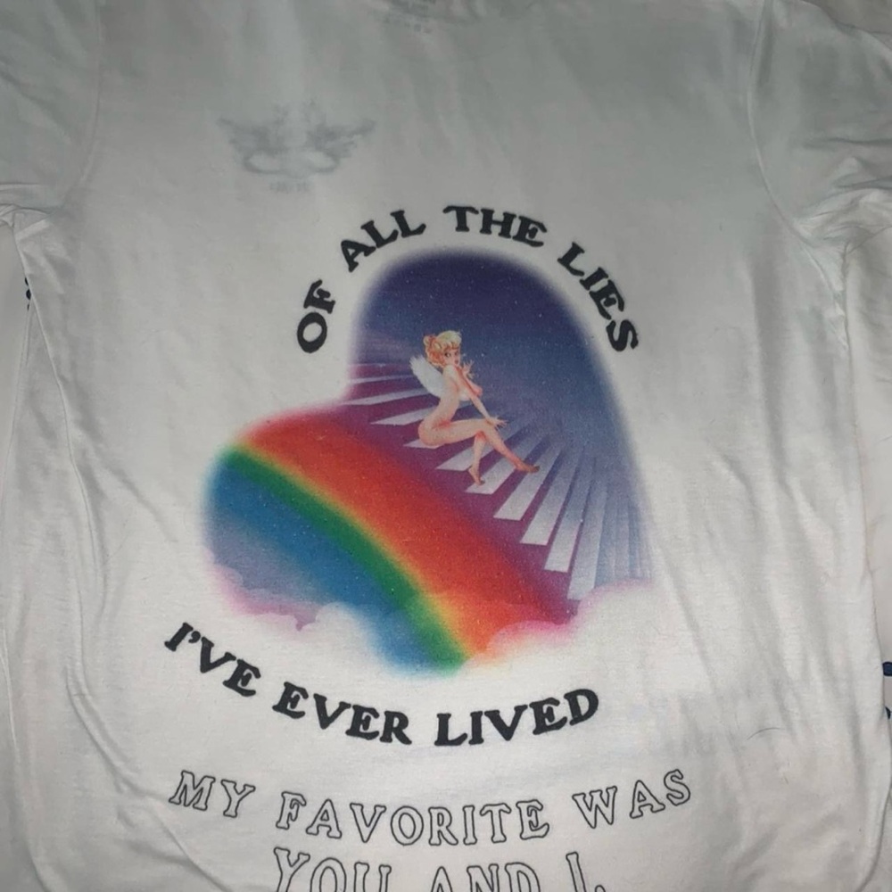 White Graphic Tee with Rainbow Heart Design